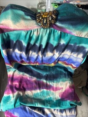 eyelash couture Teal Purple Blue Strapless Maxi Dress with Beaded Detail